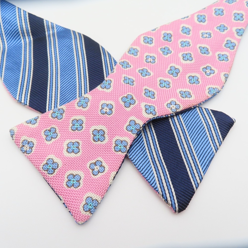 Brooks Brothers Makers Bow Tie Blue Pink 2.5" Wide Self Tie Silk Double Sided
